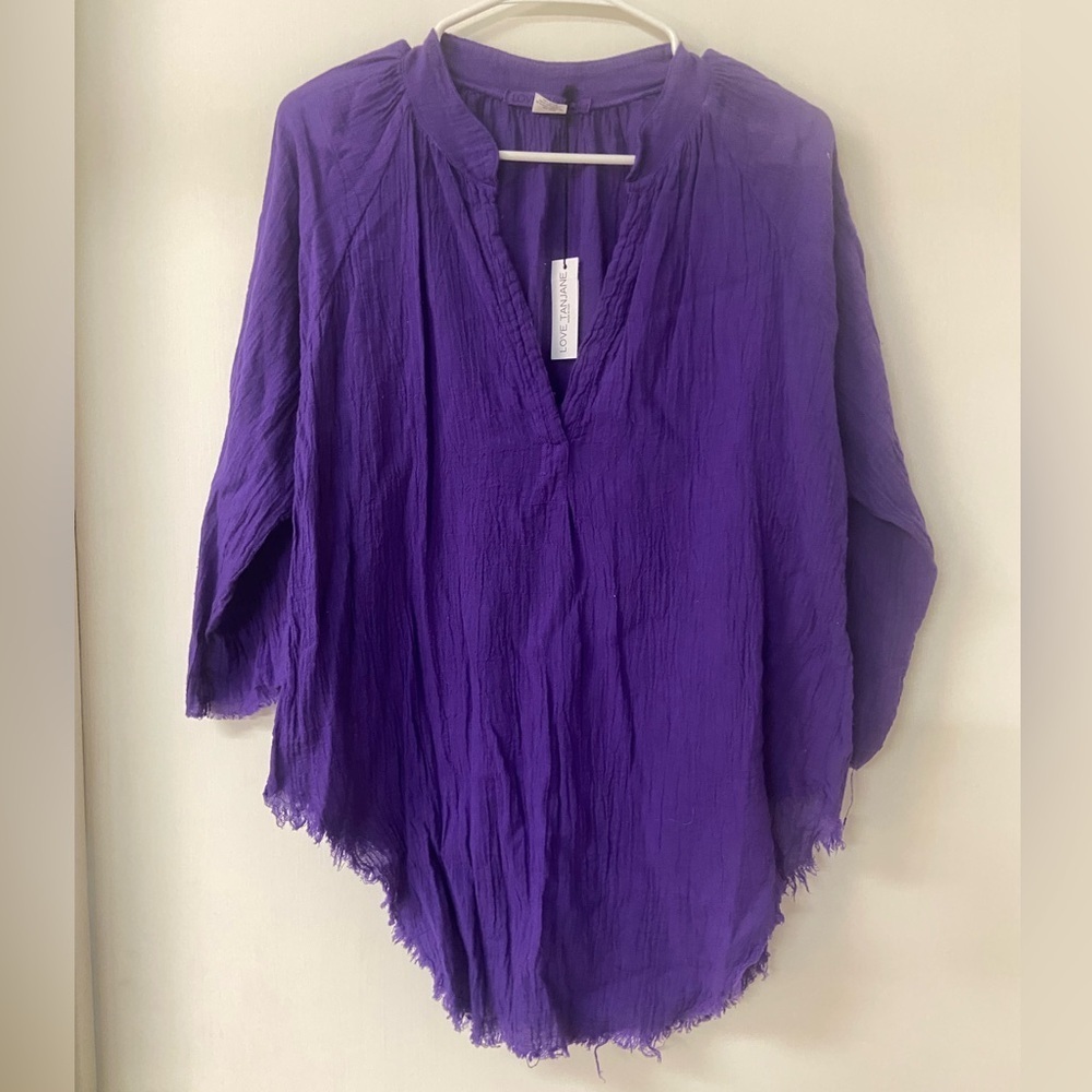 NWT Love Tanjane Flame Blouse Purple Frayed Popover Gauze S Boho Shirt Top USA